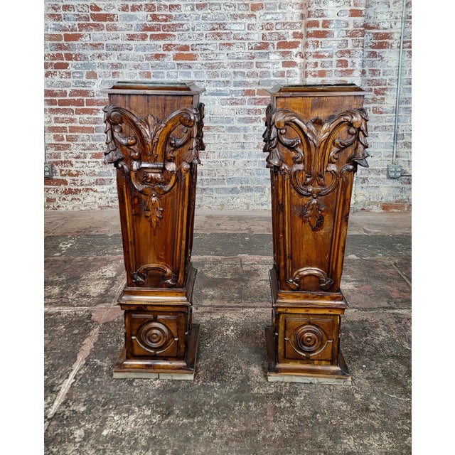 French Heavily Carved Wood French Pedestals W/Marble Top -A Pair For Sale - Image 3 of 11