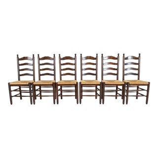 Vintage French Ladder Back Dining Chairs With Rush Seats - Set of 6 For Sale