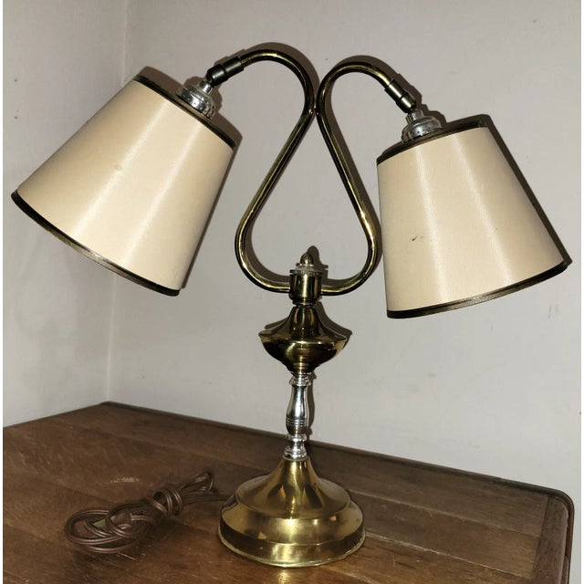 Up for sale is a fabulous mid-century modern double-armed student or banker or piano lamp with matching period appropriate...