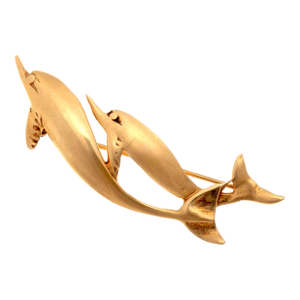 Vintage Tiffany and Company 14 Karat Yellow Gold Two Swimming Dolphins 2.4 Inch