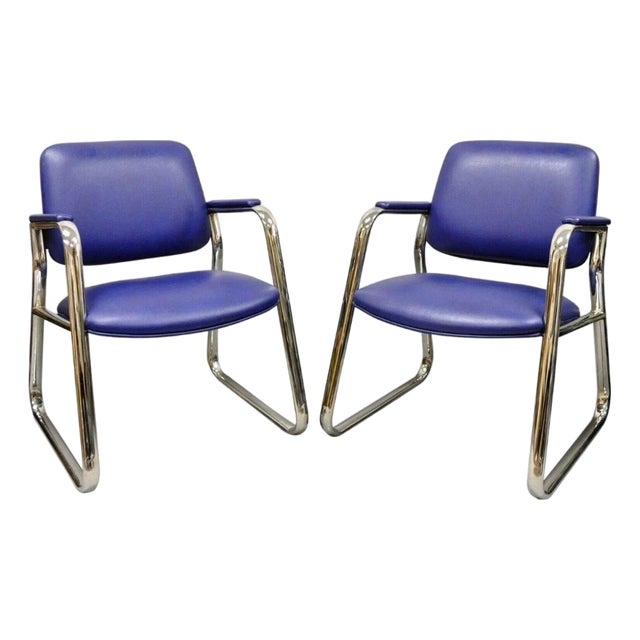 Vintage Lawsonia Stylex Mid Century Modern Blue Chrome Lounge Chairs - A Pair For Sale