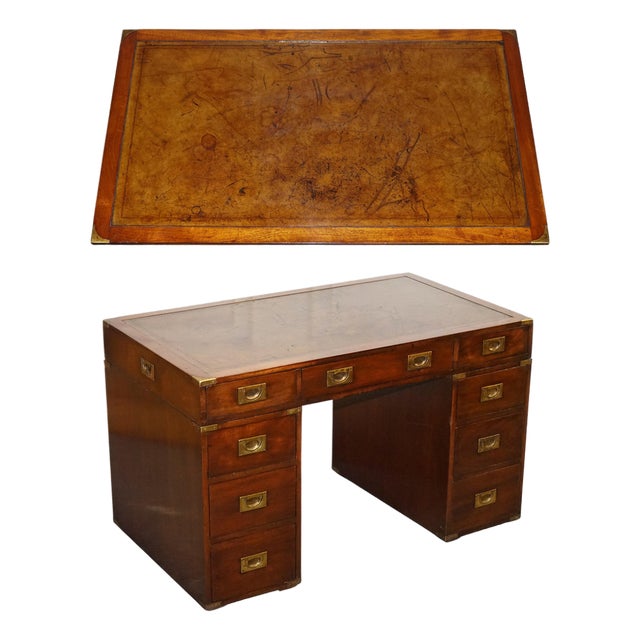 Military Campaign Twin Pedestal Desk with Brown Leather Top For Sale