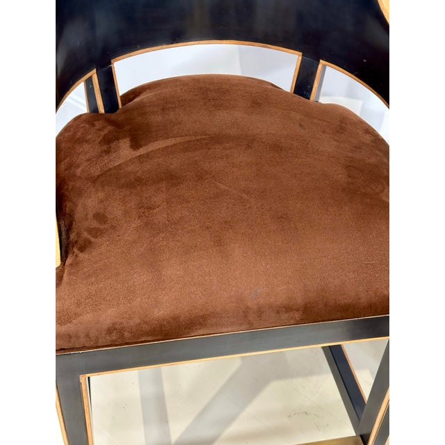 Ebony Pair of Gregorius- Pineo Two-Tone Ebonized & Natural Wood Bar Stools With Brown Ultrasuede For Sale - Image 8 of 12