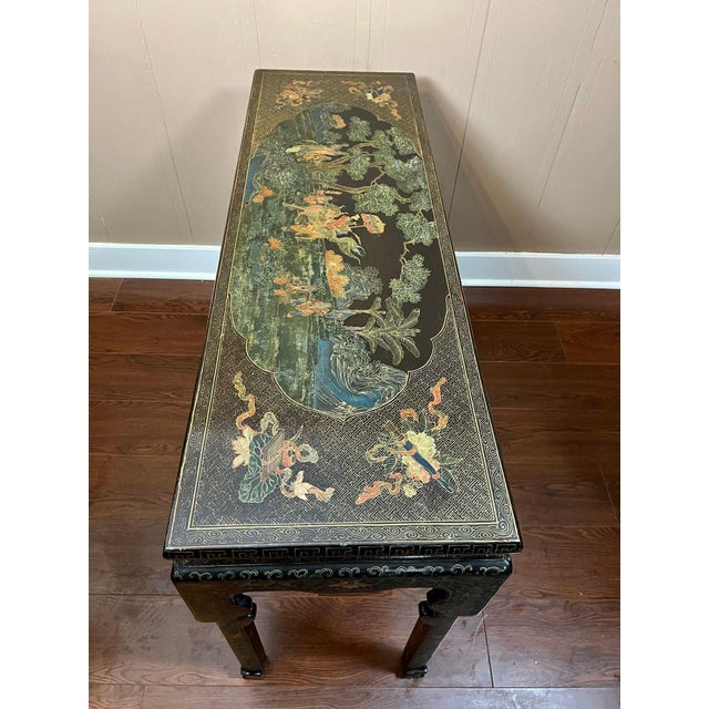 Vintage Chinese Console Table Black Lacquer Chinoiserie Gilt Hand Painted C1950 For Sale - Image 15 of 18