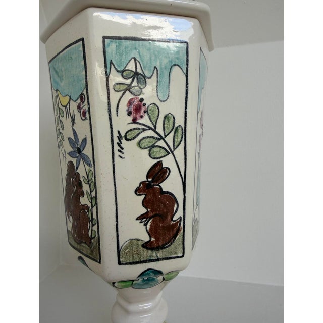 1950s Whimsical Hand-Painted Folk Animals Lidded Hexagonal Urn / Jar For Sale - Image 4 of 11
