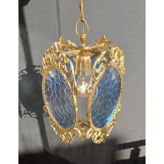 1960s Ceiling Light Vintage French Brass Blue Glass Chandelier For Sale - Image 11 of 14