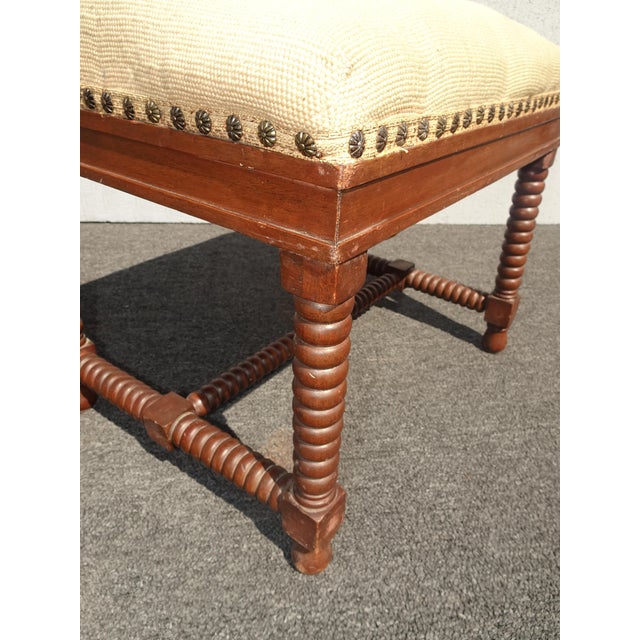1970s Vintage French Tan Floral Tapestry Bench Stool Decorative Nails & Bobbin Legs For Sale - Image 5 of 12