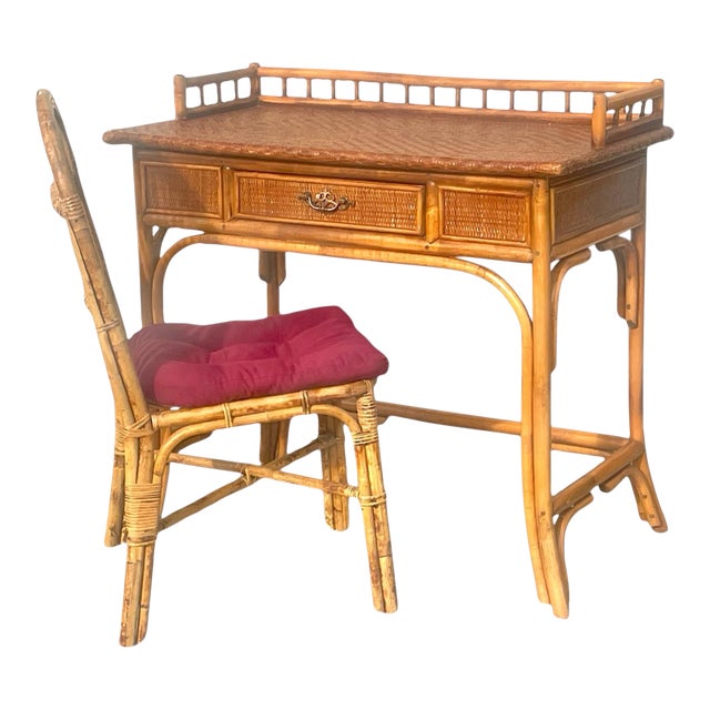 1950s MCM Natural Rattan Bamboo Writing Desk Table & Chair Set For Sale