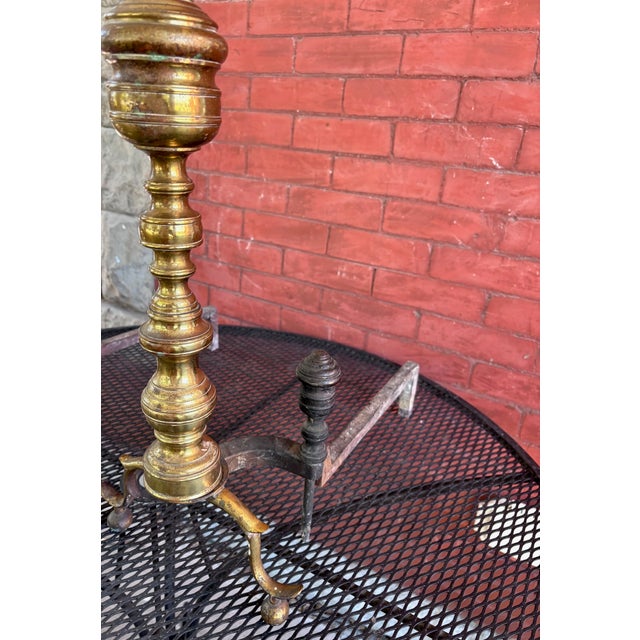 Early 20th Century Antique Brass and Iron Fireplace Andirons - Pair For Sale - Image 5 of 8