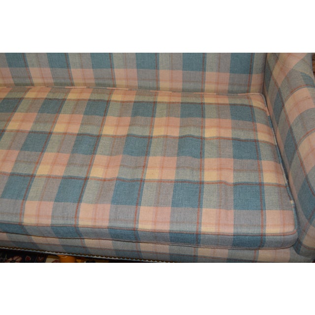Wood Vintage North Hickory Furniture Blue/Tan Plaid Wingback Settee W/ Nail Head Trim For Sale - Image 7 of 18