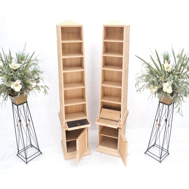 Pair New Unfinished Baker Obelisk Shape Double Sided 360 Degree Walnut Bookcases For Sale - Image 9 of 18