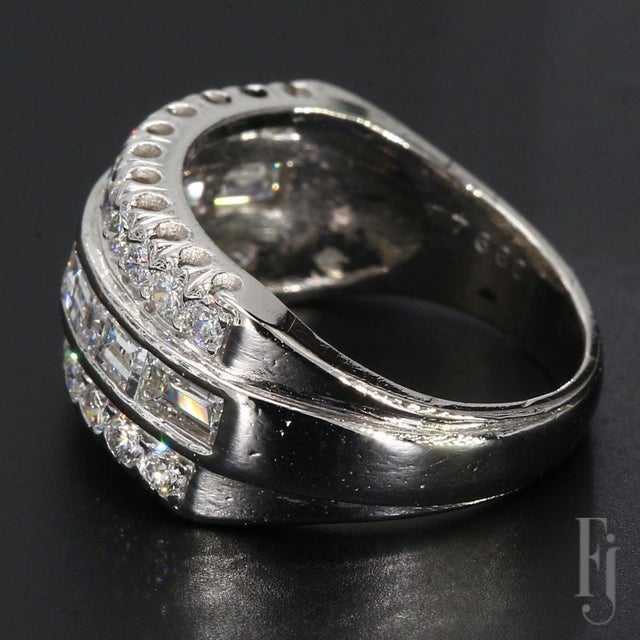 Metal Vintage Platinum Three-Row Band With Round & Baguette Diamonds - Size 4.5 For Sale - Image 7 of 9