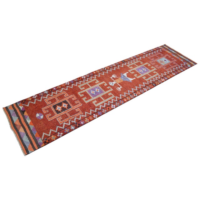 1960s Vintage Hand-Knotted Primitive Turkish Rug Runner Ancient Alien Motif - 2′8″ × 10′8″ For Sale - Image 6 of 13