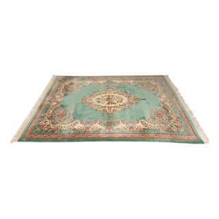 French Green Wool and Floral Rug in the style of Aubusson, 20th Century For Sale