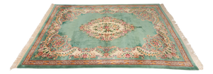 French Green Wool and Floral Rug in the style of Aubusson, 20th Century