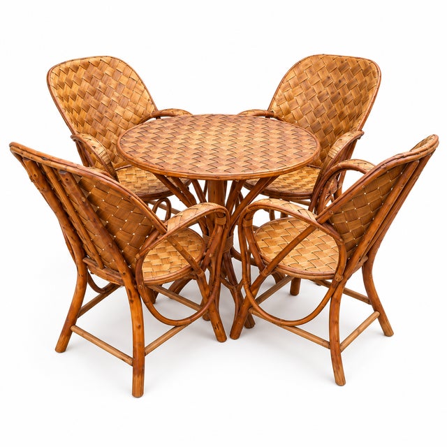 Vintage Woven Rattan Garden Set of Round Table and Armchairs, 1950s, Set of 5 For Sale - Image 15 of 15