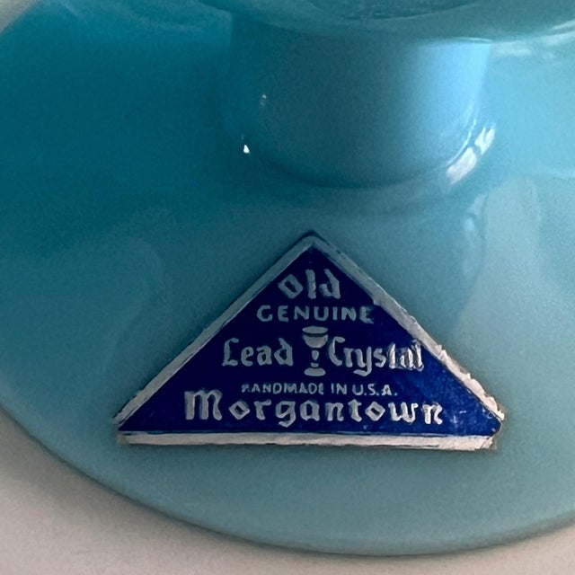 Turquoise 1930s Pretty set of 7 Morgantown Turquoise blue opaline water or wine glasses // Lead crystal // french blue glasses // original label For Sale - Image 8 of 8