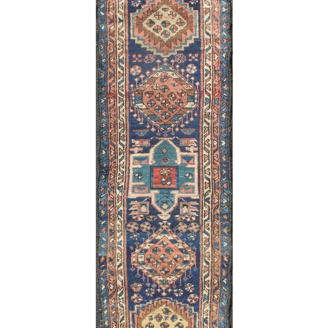 Colorful Persian Antique Karajeh Runner in Blue and Brown For Sale - Image 4 of 13