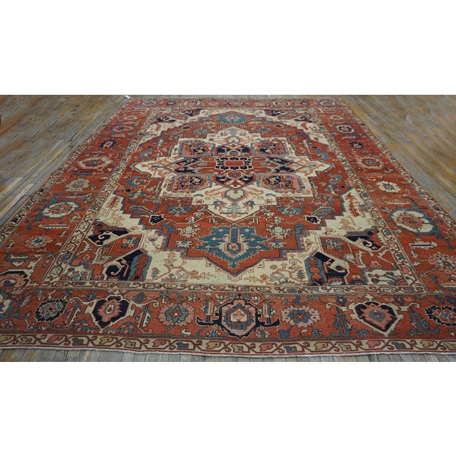 19th Century N.W. Persian Serapi Carpet ( 11'8" x 14' - 356 x 434 ) Antique Serapi Persian Coral 1880s Rug, Circa Date:...