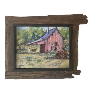 "Seeking Shade" ~ Lorie Batson, Original Oil Painting. A Quiet Farm Scene With a Mini Donkey Seeking Shade Under an Old Barn Roof. For Sale