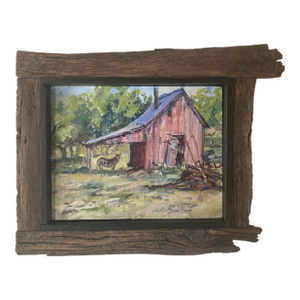 "Seeking Shade" ~ Lorie Batson, Original Oil Painting. A Quiet Farm Scene With a Mini Donkey Seeking Shade Under an Old Barn Roof.