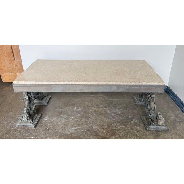 Baroque French Bronze Figural Coffee Table With Travertine Top For Sale - Image 3 of 11