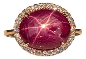 5ct Star Ruby Ring With Natural Diamond Halo in Solid 14k Yellow Gold