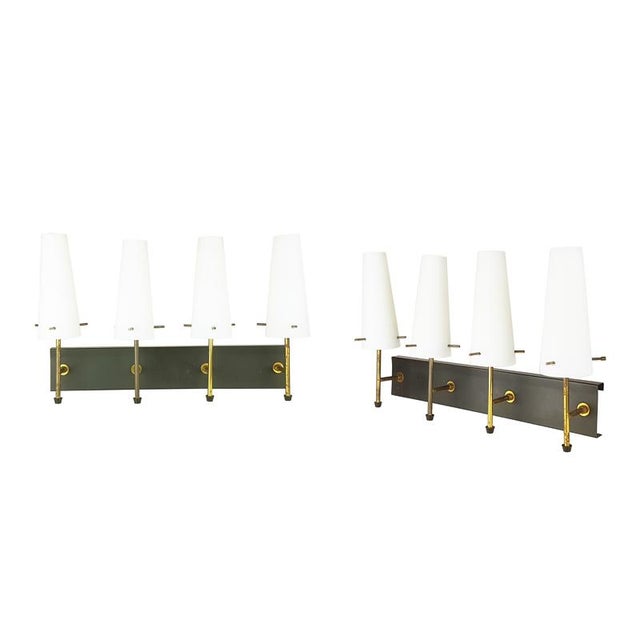 Black Metal, Brass and Opaline Glass 4-Light Wall Lamps, 1950s, Set of 2 For Sale - Image 15 of 15