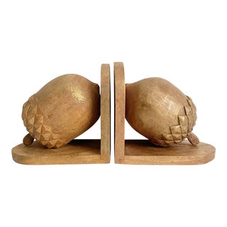 Vintage Wooden Acorn Handmade Gold Rubbed Bookends- a Pair For Sale