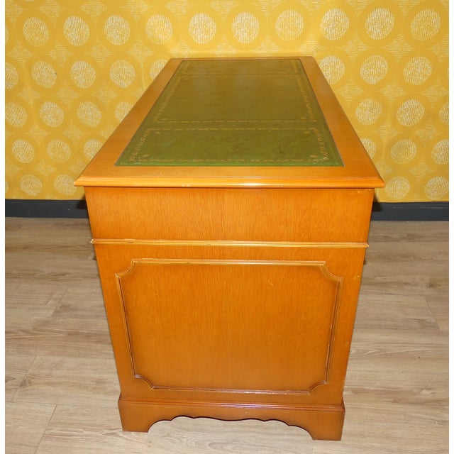 Edwardian English Desk in Yew Wood and Green Embossed Leather Top, 1960s For Sale - Image 10 of 16