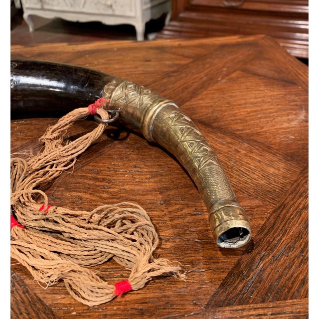 Mid 19th Century 19th Century French Mounted Drinking Horn With Engraved Brass and Tassels For Sale - Image 5 of 10