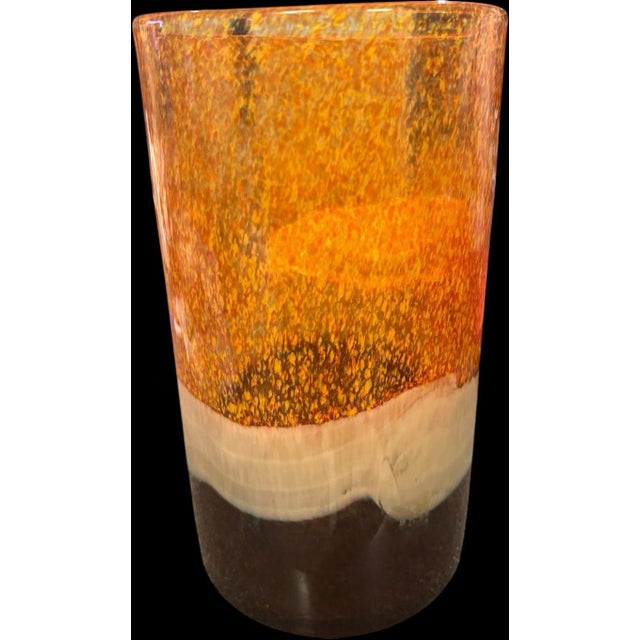 Contemporary Vintage Pier 1 Amber Tortoiseshell Art Glass Hurricane Candle Holder & Vase For Sale - Image 3 of 9