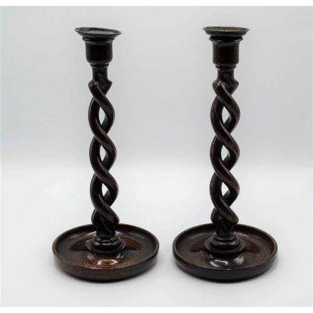 Brown Antique Oak Twist Candlesticks 12.25" Tall, a Pair For Sale - Image 8 of 8