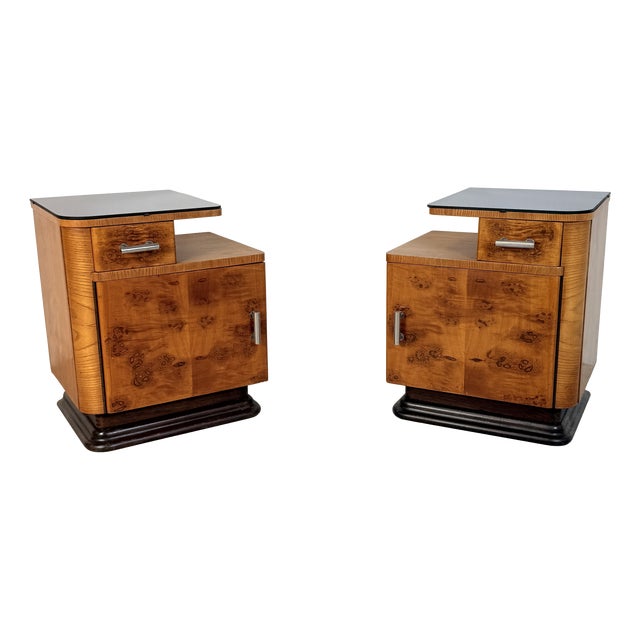 Vintage Burl Walnut Nightstands by Jindřich Halabala for Up Závody, 1957, Set of 2 For Sale