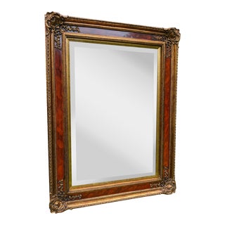 Vintage Victorian Beveled Wall Mirror High Lacquer Red Burlwood & Giltwood 46x34 For Sale