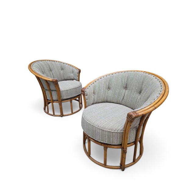 Wood Mid-Century Modern Heywood Wakefield “Ashcraft” Bamboo Style Barrel-Back Rattan Lounge Chairs – Pair For Sale - Image 7 of 10