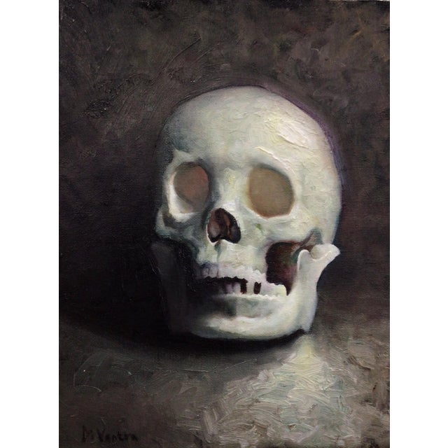 Busted Jaw by Matteo Di Ventra | Oil on linen board Still life of a human skull For Sale