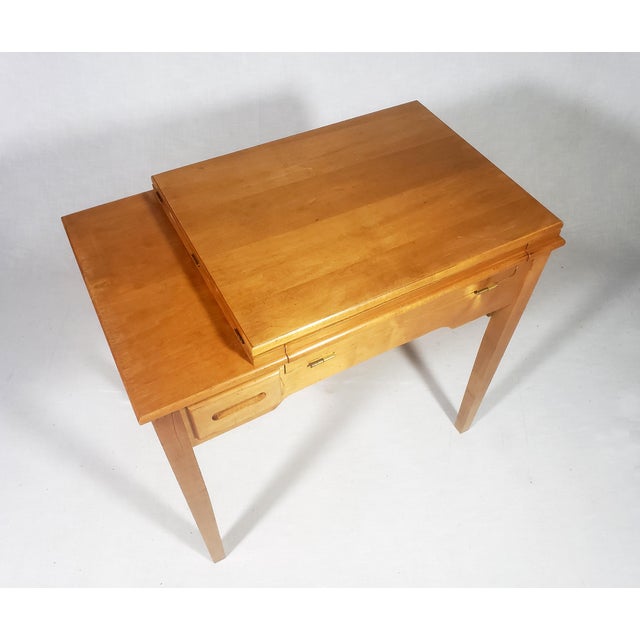 Vintage Original Mid-Century Modern All Wood Maple Finish Sewing Machine Cabinet With Flip-Down Top & Pull Out Drawer For Sale - Image 4 of 14