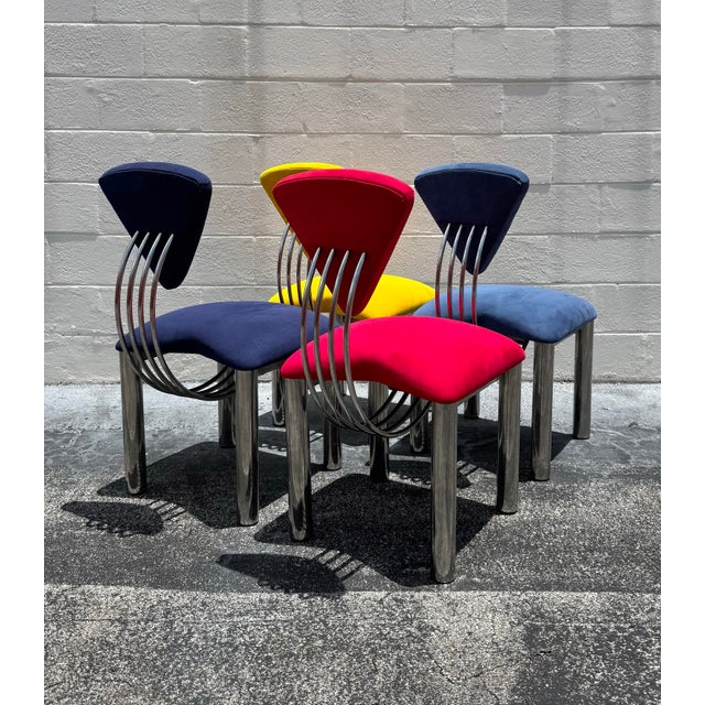 Mid 20th Century Mid 20th Century Suede Ettore Sottsass Memphis Style Chairs - Set of 4 For Sale - Image 5 of 8