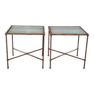 Eglomise Silver & Gold Leaf Greek Key Motif Hollywood Regency Style Gilded Wrought Iron Side Tables - A Pair For Sale