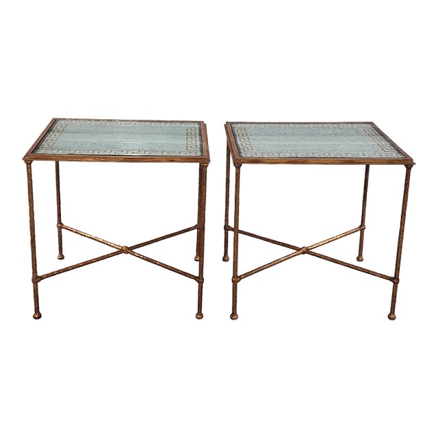 Eglomise Silver & Gold Leaf Greek Key Motif Hollywood Regency Style Gilded Wrought Iron Side Tables - A Pair For Sale