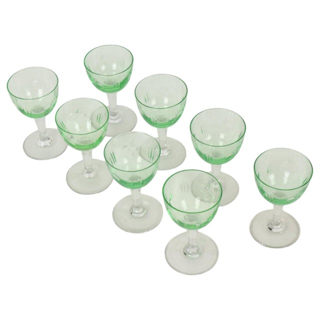 Green Vintage Uranium Glass Aperitif Glasses from Val Saint Lambert, 1920s, Set of 8 For Sale - Image 8 of 18