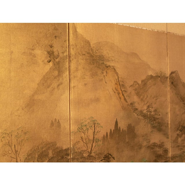 1960s 1960s Shōwa Era Japanese Byobu Screen "Landscape With Bridge" on Gold Background For Sale - Image 5 of 18