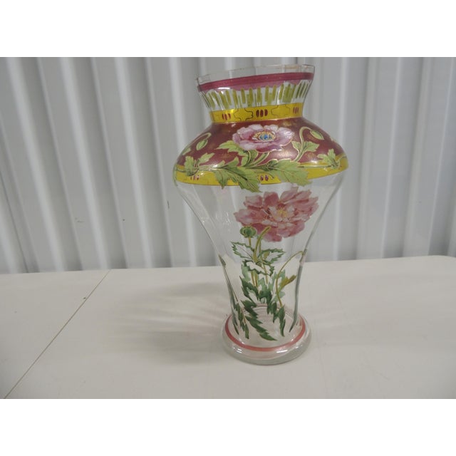 Art Nouveau Style Hand-Blown Vase with hand-painted Poppies and flowers. Ginger jar shape, clear glass. \Decorated with...