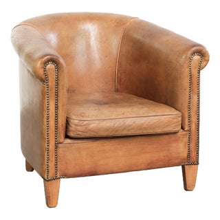 Sheepskin Club Armchair in Light Cognac with Decorative Nails For Sale
