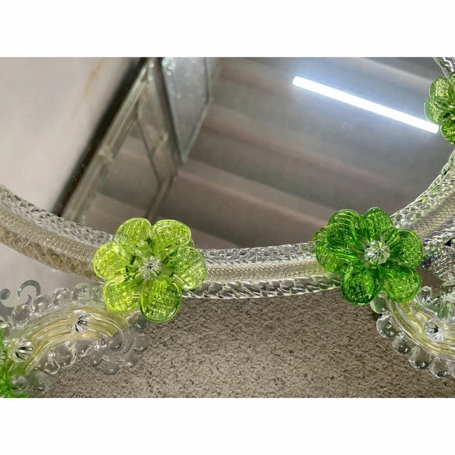 2010s Italian 2000s Venetian Oval Green Floreal Hand-Carving Mirror in Murano Glass Style For Sale - Image 5 of 8