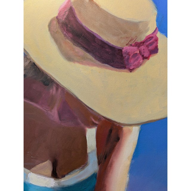 2020s Sunlit Daydream - Summer Beach Scene, Woman With Beach Hat Oil on Canvas For Sale - Image 5 of 5