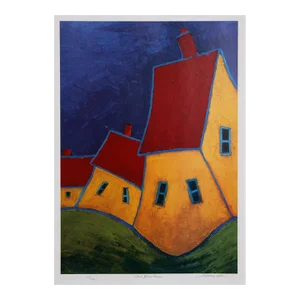 1990s "Three Yellow Houses" Lithograph by Carol Ann Shelton