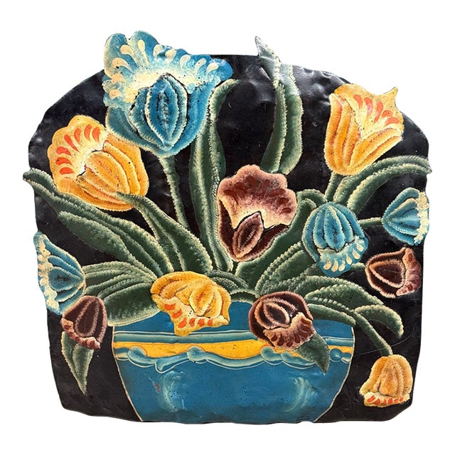 Signed Vintage 1980s Hand-Painted Repoussé Metal Floral Fireplace Screen For Sale