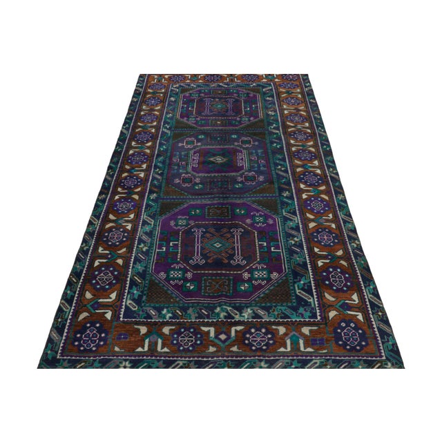 Tribal 1950s Vintage Oushak Runner Rug in Teal With Geometric Pattern From Rug & Kilim For Sale - Image 3 of 7